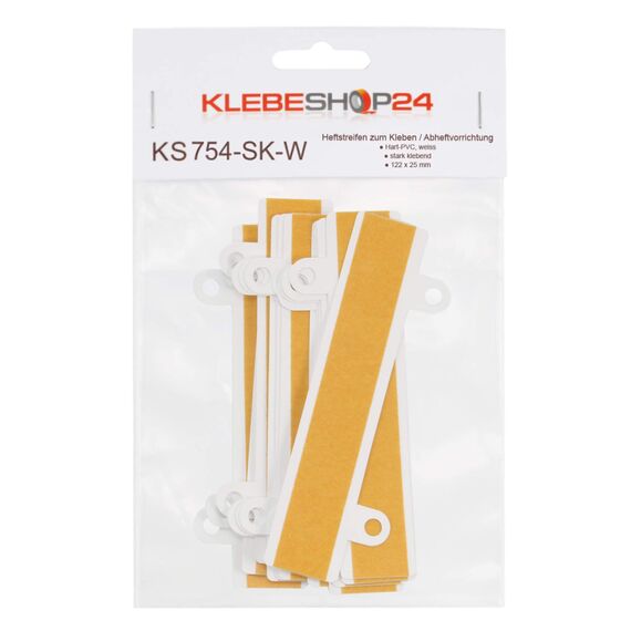 KLEBESHOP24 Heftstreifen zum Kleben | Abheftvorrichtung selbstklebend | 122 x 25 mm | Farbe & Menge wählen/Weiß, 10 Stück