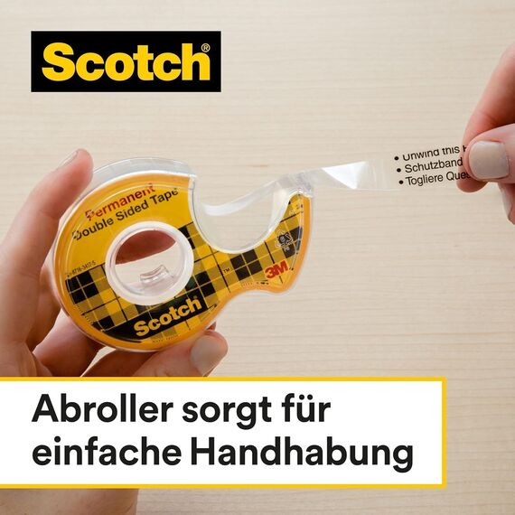 Scotch Double-Sided Tape, 1 Roll on Handheld Dispenser + 25% Extra FREE, 12 mm x 7.88 m - Clear Double Sided Sticky Tape, Strong, Long-Lasting, and Photo-Safe