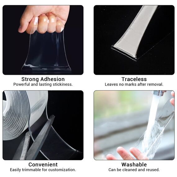 SUTOUG Doppelseitiges Klebeband, Nanoband, Transparentes Klebeband, Spurloses Klebeband, Abnehmbar, Waschbar, Wiederverwendbar, Geeignet für Teppiche, Fotowände, Küchenmöbel, 3m Pro Rolle, 2 Rollen