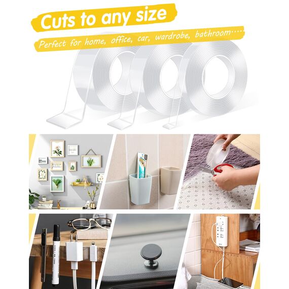 Caianwin 20mm Breites Doppelseitiges Klebeband, Extra Stark Double Sided Tape, Transparent Nano Tape Ablösbar Doppelseitig Klebeband für Teppich, Zuhause, Auto oder Outdoor(2 Rollen à 3 m, 6m Gesamt)