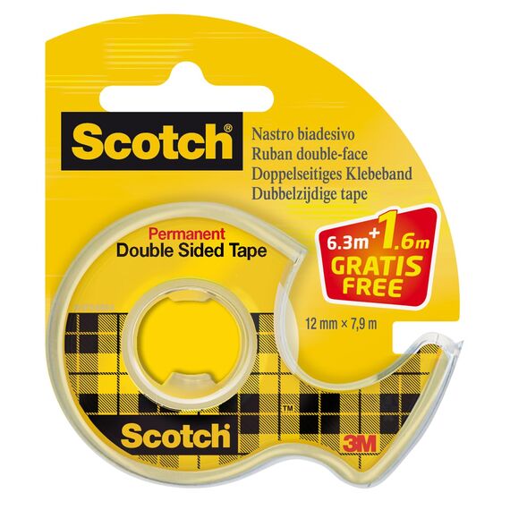 Scotch Double-Sided Tape, 1 Roll on Handheld Dispenser + 25% Extra FREE, 12 mm x 7.88 m - Clear Double Sided Sticky Tape, Strong, Long-Lasting, and Photo-Safe