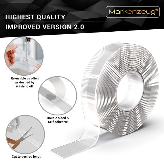MARKENZEUG Nano Tape Extra Stark Doppelseitiges Klebeband 3M - Waschbar & Wiederverwendbar Klebeband Transparent für Wandmontage, Teppich Fixieren & Büro-Organisation - Nano Gel Pad Ohne Bohren