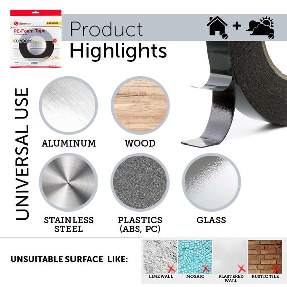 Sanojtape Doppelseitiges Klebeband Extra Stark Schwarz 12mm x 10m Universal Montageband 1mm Dicke Schaumstoff Karosseriekleber Tape Starker Kleber