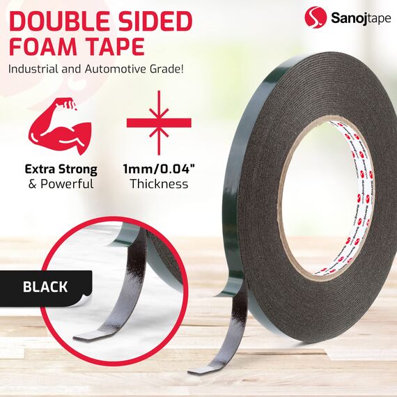Sanojtape Doppelseitiges Klebeband Extra Stark Schwarz 12mm x 10m Universal Montageband 1mm Dicke Schaumstoff Karosseriekleber Tape Starker Kleber