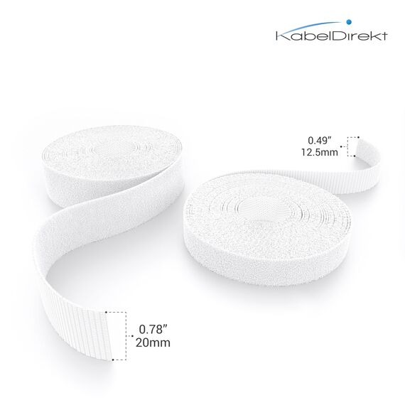 KabelDirekt – Kabelbinder Klettband – 10m Rolle, 12,5mm breit – zuschneidbare Klett-Rolle/Kabelmanagement mit Klettverschluss (wasserfest, umweltfreundlich, wiederverwendbar – weiß)