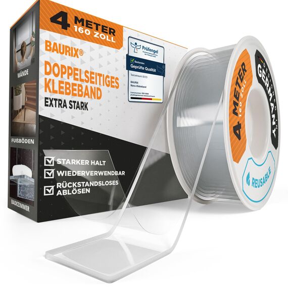 BAURIX® Nano Tape Doppelseitig [4m] – Starkes Klebeband für Wand, Teppich & Deko – transparent, waschbar, wiederverwendbar – ideal für DIY und professionelle Anwendungen