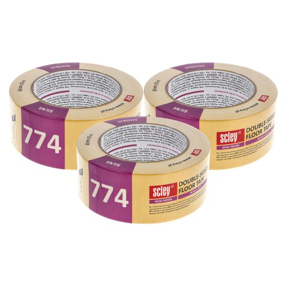 SCLEY 3 Stück Doppelseitiges Klebeband, Teppichbänder Breite 50mm, Länge 25m, Universalklebeband Serie *774*, Gelbe Montageband, Verlegeband für Beläge Fußbodenheizung etc., A0313-742552