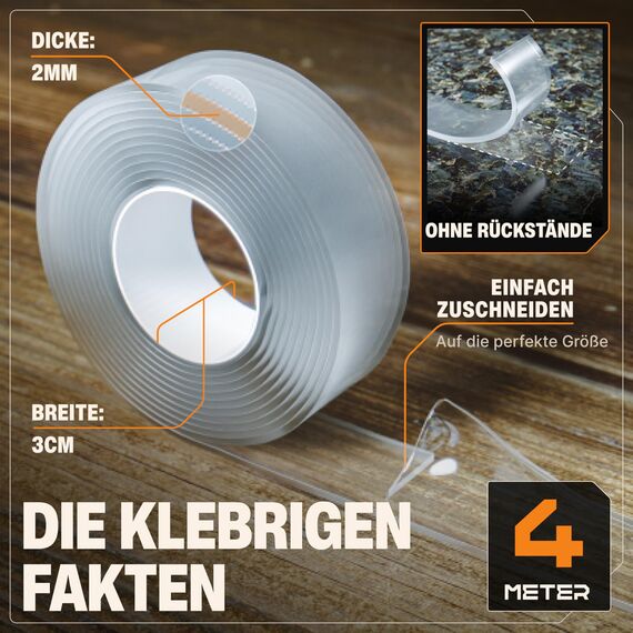 BAURIX® Nano Tape Doppelseitig [4m] – Starkes Klebeband für Wand, Teppich & Deko – transparent, waschbar, wiederverwendbar – ideal für DIY und professionelle Anwendungen