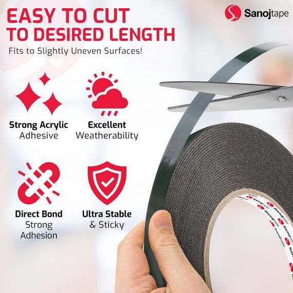 Sanojtape Doppelseitiges Klebeband Extra Stark Schwarz 12mm x 10m Universal Montageband 1mm Dicke Schaumstoff Karosseriekleber Tape Starker Kleber