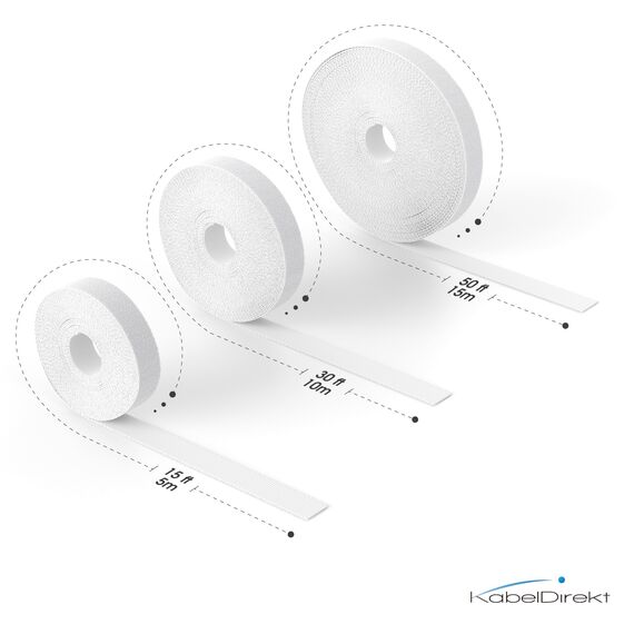 KabelDirekt – Kabelbinder Klettband – 10m Rolle, 12,5mm breit – zuschneidbare Klett-Rolle/Kabelmanagement mit Klettverschluss (wasserfest, umweltfreundlich, wiederverwendbar – weiß)