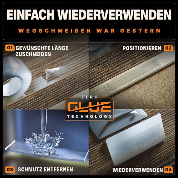 BAURIX® Nano Tape Doppelseitig [2x4m] – Starkes Klebeband für Wand, Teppich & Deko – transparent, waschbar, wiederverwendbar – ideal für DIY und professionelle Anwendungen