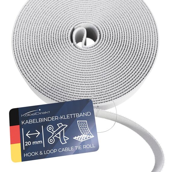KabelDirekt – Kabelbinder Klettband – 15m Rolle, 20mm breit – zuschneidbare Klett-Rolle/Kabelmanagement mit Klettverschluss (wasserfest, umweltfreundlich, wiederverwendbar – weiß)