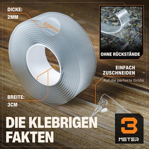 BAURIX® Nano Tape Doppelseitig [2x3m] – Starkes Klebeband für Wand, Teppich & Deko – transparent, waschbar, wiederverwendbar – ideal für DIY und professionelle Anwendungen