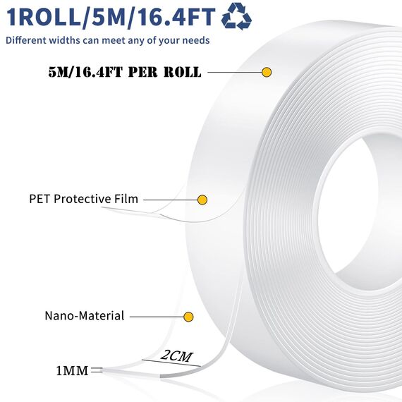 XINGHUA 5m Doppelseitiges Klebeband Extra Stark Transparent, Klebeband Doppelseitig,Nano Tape Teppich Klebeband Ablösbar, für Foto Wand, Küche, Zuhause, Auto, Oder Bad, Büro.