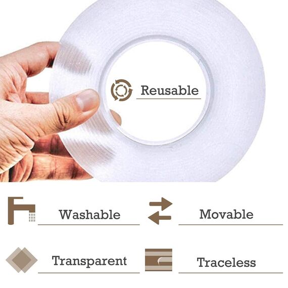 Doppelseitiges Klebeband Extra Stark, Transparentes Waschbares Nano-Klebeband, Wiederverwendbares, Ablösbar, Spurlos, Rutschfestes Multifunktions-Doppelklebeband (6M * 2CM * 2MM)