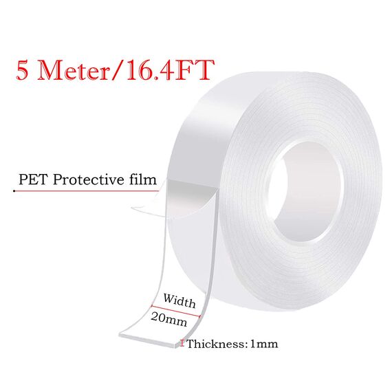 5M Doppelseitiges Klebeband Extra Stark Waschbares Spurlos Dünn Nano Tape, Transparent und Ablösbar Beidseitiges Klebeband für Teppich, Zuhause, Küche, Auto oder Büro