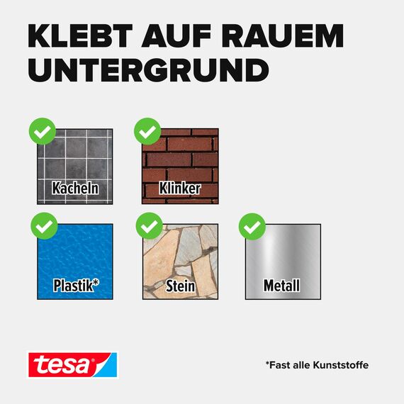 tesa Powerbond Montageband für Ziegel und Stein, 10 kg Haltekraft pro Meter - doppelseitiges Montageklebeband für Innen und Außen - 5 m x 19 mm