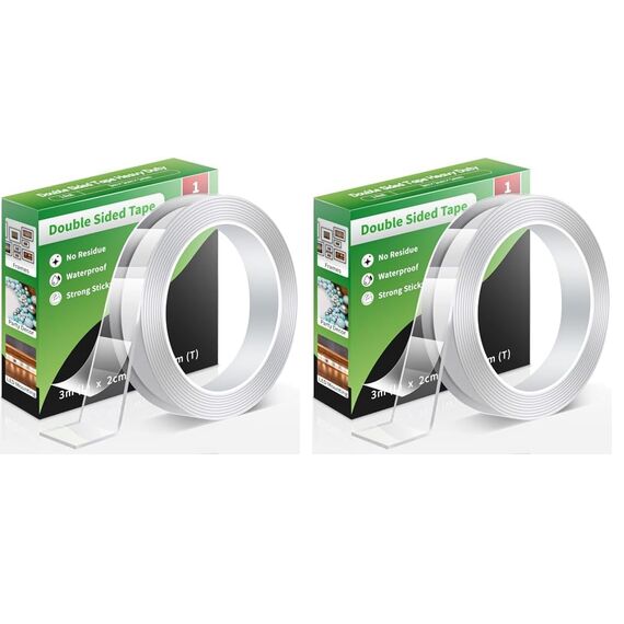 Euqvunn Doppelseitiges Klebeband (3,0 m × 2,0 cm × 1 mm), Ablösbar Extra Stark Nano-Klebestreifen, Waschbares, Spurlos für Poster/Wandaufhängung/Teppich, 1 Rolle (Packung mit 2)