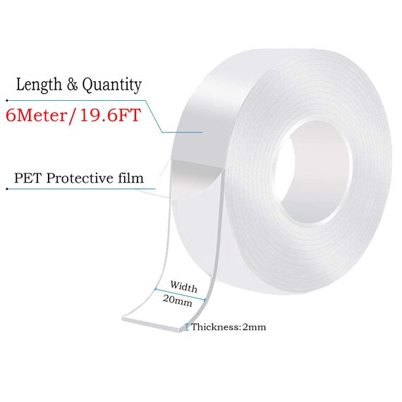 Doppelseitiges Klebeband Extra Stark, Transparentes Waschbares Nano-Klebeband, Wiederverwendbares, Ablösbar, Spurlos, Rutschfestes Multifunktions-Doppelklebeband (6M * 2CM * 2MM)