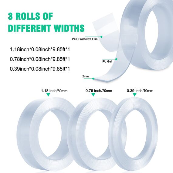 DJEIZME Doppelseitiges Klebeband Extra Stark (2mm starkes), Transparent Waschbares Ablösbar Klebeband, Spurloses Nano Tape für Foto, Teppich,Holzprodukte,Büro, Küche (3 Rollen * 3 Meter)