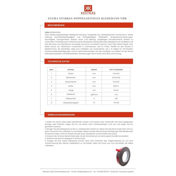 KESTKAS Doppelseitiges klebeband extra stark 19mm x 5m x 2mm - hochwertiges - Doppelseitiges Klebeband - Extra Starke Klebkraft - Für Montage - Auto (1, Grau)