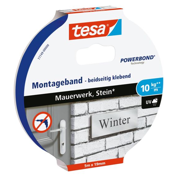 tesa Powerbond Montageband für Ziegel und Stein, 10 kg Haltekraft pro Meter - doppelseitiges Montageklebeband für Innen und Außen - 5 m x 19 mm
