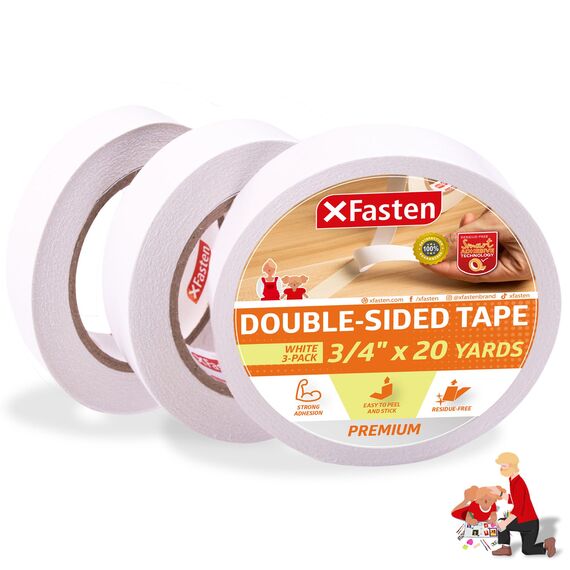 XFasten Doppelseitiges Klebeband, abnehmbar, 3/4-Zoll auf 20 Yards (19,05 mm x 18,28 m), 3er-Pack, ideal als Geschenkband, zum Halten von Teppichen und für die Holzbearbeitung