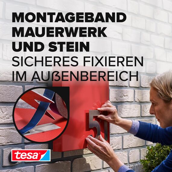 tesa Powerbond Montageband für Ziegel und Stein, 10 kg Haltekraft pro Meter - doppelseitiges Montageklebeband für Innen und Außen - 5 m x 19 mm