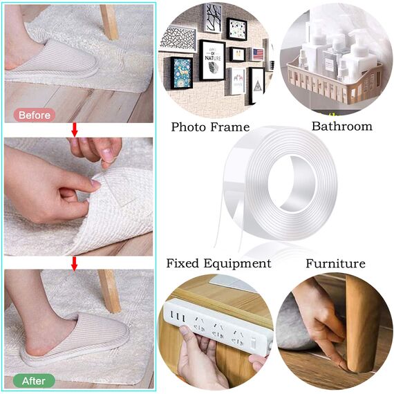 5M Doppelseitiges Klebeband Extra Stark Waschbares Spurlos Dünn Nano Tape, Transparent und Ablösbar Beidseitiges Klebeband für Teppich, Zuhause, Küche, Auto oder Büro