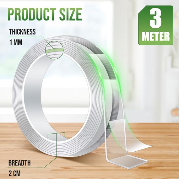 Euqvunn Doppelseitiges Klebeband (3,0 m × 2,0 cm × 1 mm), Ablösbar Extra Stark Nano-Klebestreifen, Waschbares, Spurlos für Poster/Wandaufhängung/Teppich, 1 Rolle (Packung mit 2)