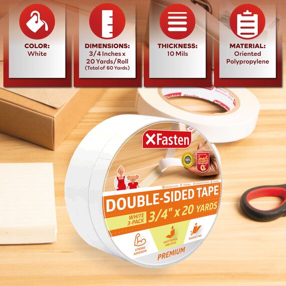 XFasten Doppelseitiges Klebeband, abnehmbar, 3/4-Zoll auf 20 Yards (19,05 mm x 18,28 m), 3er-Pack, ideal als Geschenkband, zum Halten von Teppichen und für die Holzbearbeitung