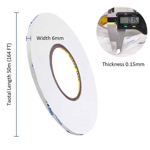 Rusoz Doppelseitiges Klebeband Dünn 9488A, Transparent Montageband Starkes Dünn Wasserfest Hitzebeständig 6 mm Breit, 50 m Lang, 0,15 mm Dick Für Basteln, Dekorieren