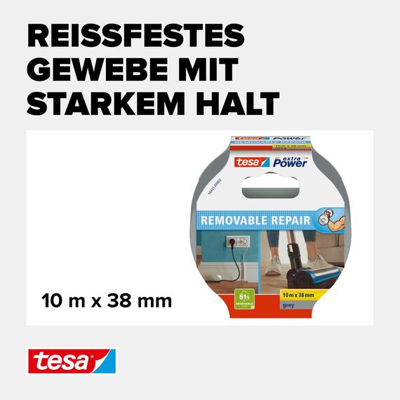 tesa extra Power Removal Repair - reißfestes Gewebeband mit starkem Halt - von Hand einreißbar - spurlos wiederablösbar- 10m x 38mm - Grau