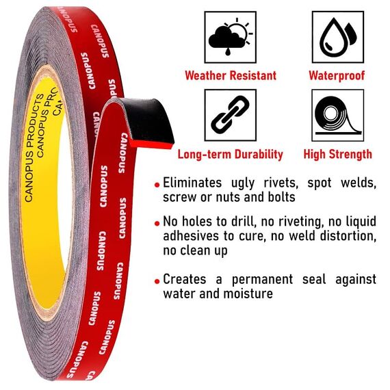 CANOPUS Profi Doppelseitiges Klebeband Extra Stark Schwarz, Wasserfest 5925 Klebeband (10mm x 3m) Wasserdicht Montageklebeband, Ideal für LED Streifenlichter, Auto, Innen, Außenbereich