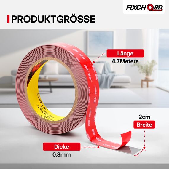 FIXCHORD Doppelseitiges Klebeband Extra Stark, VHB Klebeband, Schaumstoffband, Wasserfestes Montageklebeband für Auto, LED-Lichtband, Heim - und Bürodekoration, Grau (15.4FT×0.78IN)