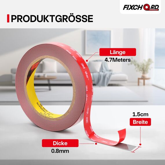 FIXCHORD Doppelseitiges Klebeband Extra Stark, VHB Klebeband, Schaumstoffband, Wasserfestes Montageklebeband für Auto, LED-Lichtband, Heim - und Bürodekoration, Grau (15.4FT×0.59IN)