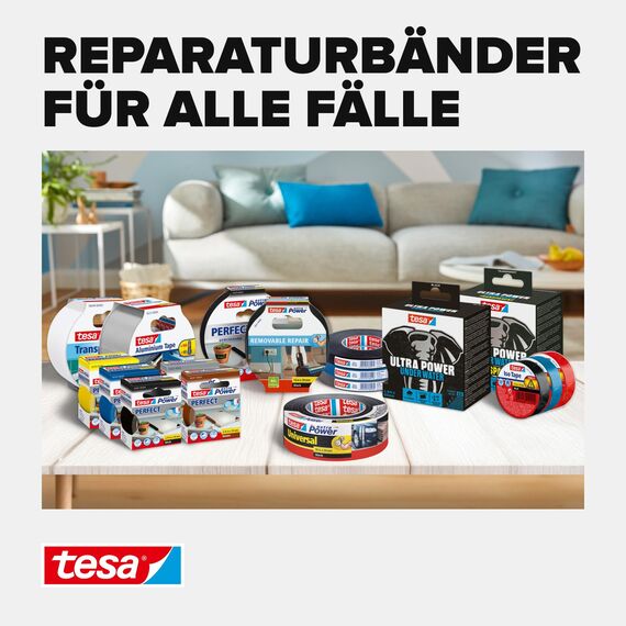 tesa extra Power Removal Repair - reißfestes Gewebeband mit starkem Halt - von Hand einreißbar - spurlos wiederablösbar- 10m x 38mm - Grau
