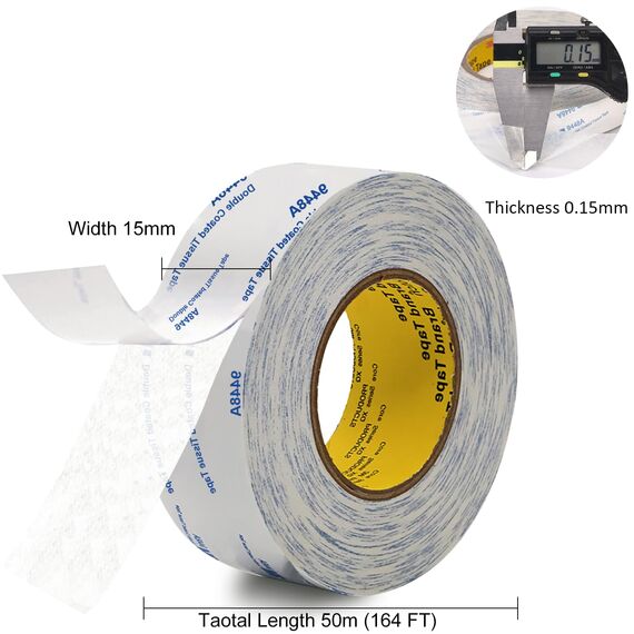 Rusoz Doppelseitiges Klebeband Dünn 9488A, Transparent Montageband Starkes Dünn Wasserfest Hitzebeständig 15 mm Breit, 50 m Lang, 0,15 mm Dick Für Basteln, Dekorieren
