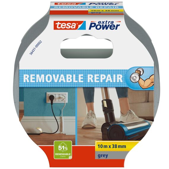 tesa extra Power Removal Repair - reißfestes Gewebeband mit starkem Halt - von Hand einreißbar - spurlos wiederablösbar- 10m x 38mm - Grau