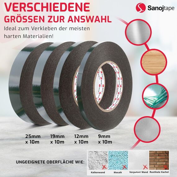 Sanojtape Doppelseitiges Klebeband Extra Stark Schwarz 25mm x 10m Universal Montageband 1mm Dicke Schaumstoff Karosseriekleber Tape Starker Kleber