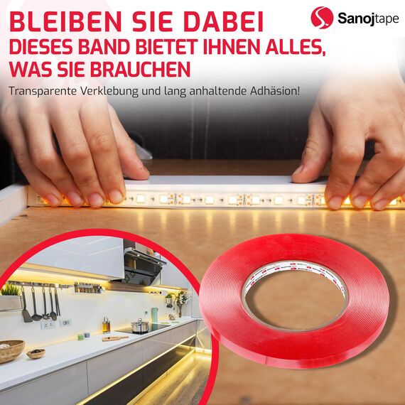 Sanojtape Doppelseitiges Klebeband Extra Stark Transparent 19mm x 10m Nano Double Sided Tape Klebeband Starkes Montageband Klar Auto LED Acryl Gel