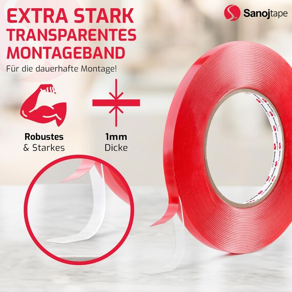 Sanojtape Doppelseitiges Klebeband Extra Stark Transparent 9mm x 10m Nano Double Sided Tape Klebeband Starkes Montageband Klar Auto LED Acryl Gel