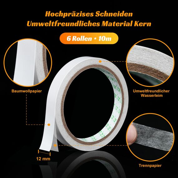 SANLI TAPE Doppelseitiges Klebeband Starke Klebeband Selbstklebeband Stark Papier für Geschenke, Fotos, Dokumente, Tapeten,Büro DIY Handwerk, Bänder, Karten und Boxen (12mm*10m)
