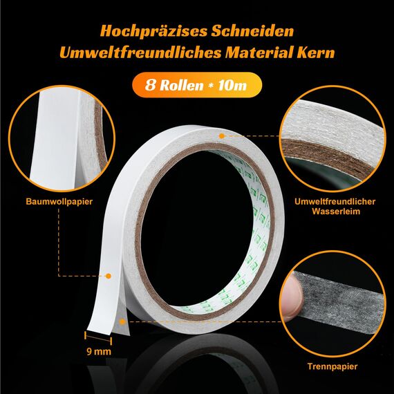 SANLI TAPE Doppelseitiges Klebeband Starke Klebeband Selbstklebeband 8 Stück Stark Papier für Geschenke, Fotos, Dokumente, Tapeten,Büro DIY Handwerk, Bänder, Karten und Boxen (9mm*10m)