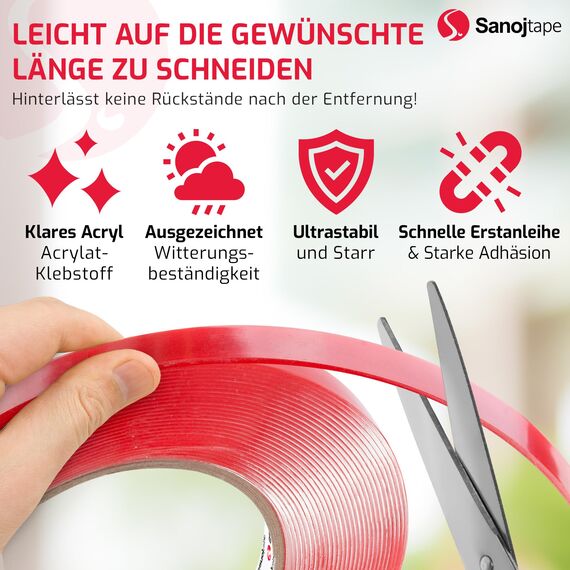 Sanojtape Doppelseitiges Klebeband Extra Stark Transparent 19mm x 10m Nano Double Sided Tape Klebeband Starkes Montageband Klar Auto LED Acryl Gel