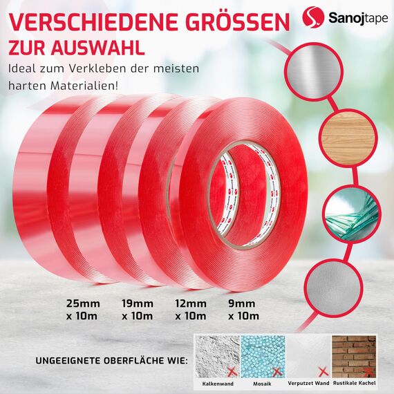 Sanojtape Doppelseitiges Klebeband Extra Stark Transparent 25mm x 10m Nano Double Sided Tape Klebeband Starkes Montageband Klar Auto LED Acryl Gel