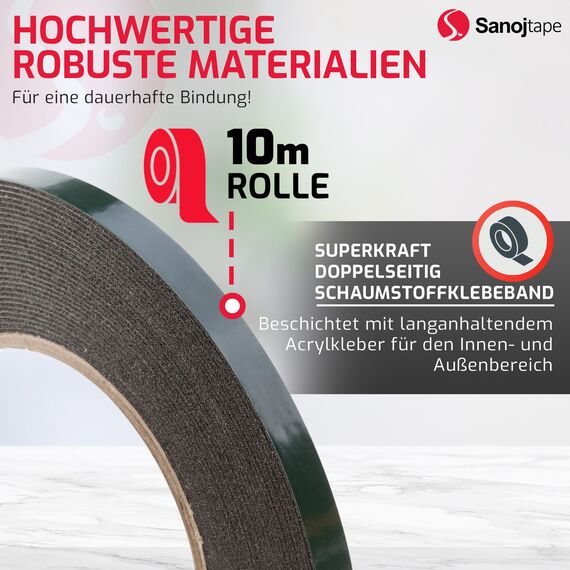 Sanojtape Doppelseitiges Klebeband Extra Stark Schwarz 9mm x 10m Universal Montageband 1mm Dicke Schaumstoff Karosseriekleber Tape Starker Kleber
