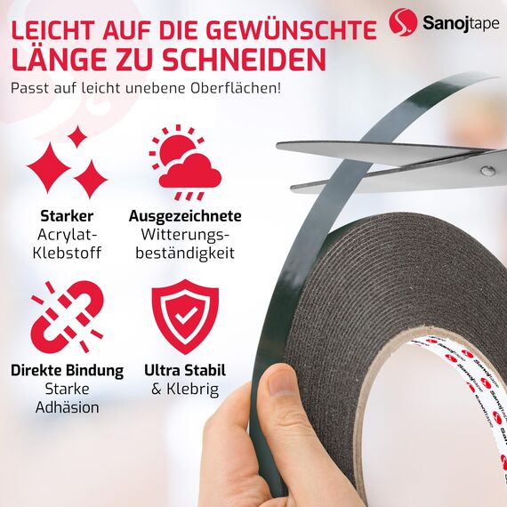 Sanojtape Doppelseitiges Klebeband Extra Stark Schwarz 12mm x 10m Universal Montageband 1mm Dicke Schaumstoff Karosseriekleber Tape Starker Kleber