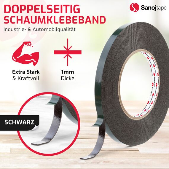Sanojtape Doppelseitiges Klebeband Extra Stark Schwarz 9mm x 10m Universal Montageband 1mm Dicke Schaumstoff Karosseriekleber Tape Starker Kleber
