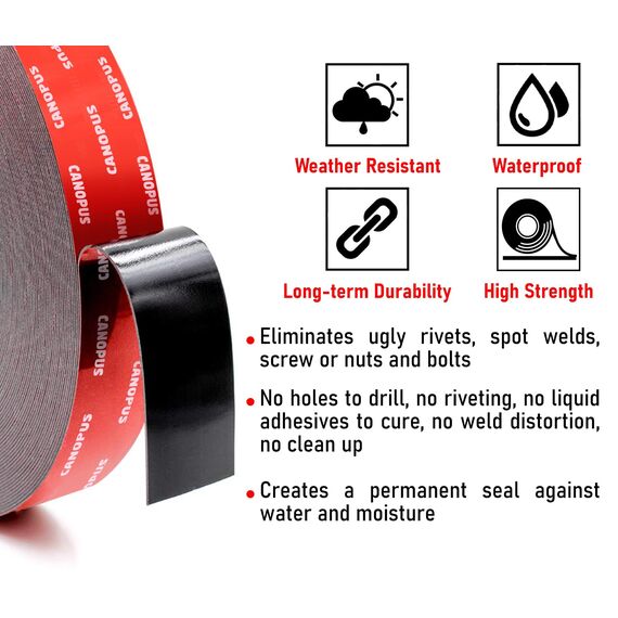 CANOPUS Top Qualität Doppelseitiges Klebeband Extra Stark Wasserfest 5952 25,4mm x 4,5m Hochleistungsklebeband, Montageklebeband für Nummernschildhalterung, Innen Außenbereich Kennzeichen